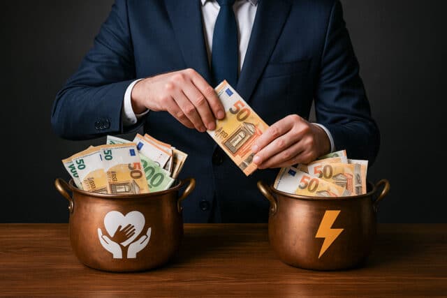 Mann nimmt Geld aus einem Topf uns steckt es in einen anderen, symbolisch für Umschichtung