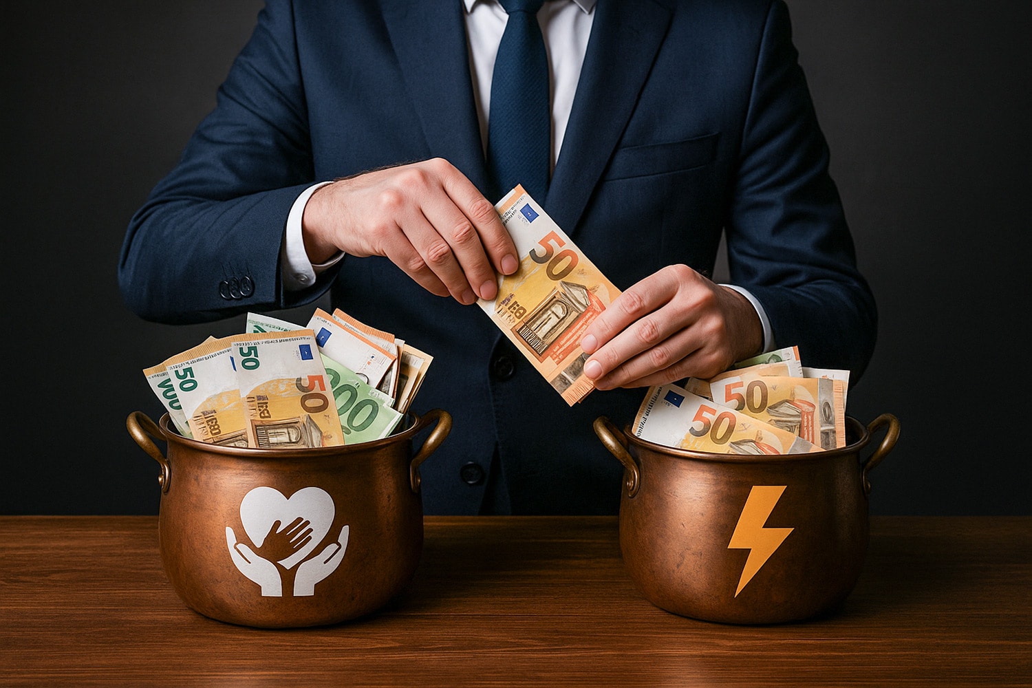 Mann nimmt Geld aus einem Topf uns steckt es in einen anderen, symbolisch für Umschichtung