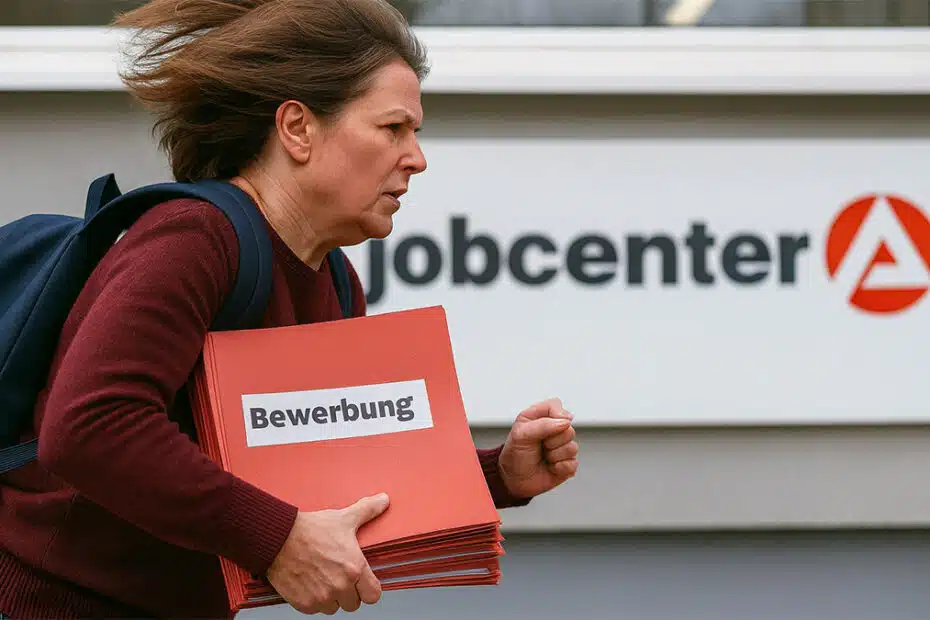 Frau rennt mit Stapel von Bewerbungen zum Jobcenter - symbolisch für Beweislastumkehr