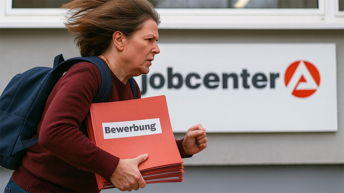 Frau rennt mit Stapel von Bewerbungen zum Jobcenter - symbolisch für Beweislastumkehr