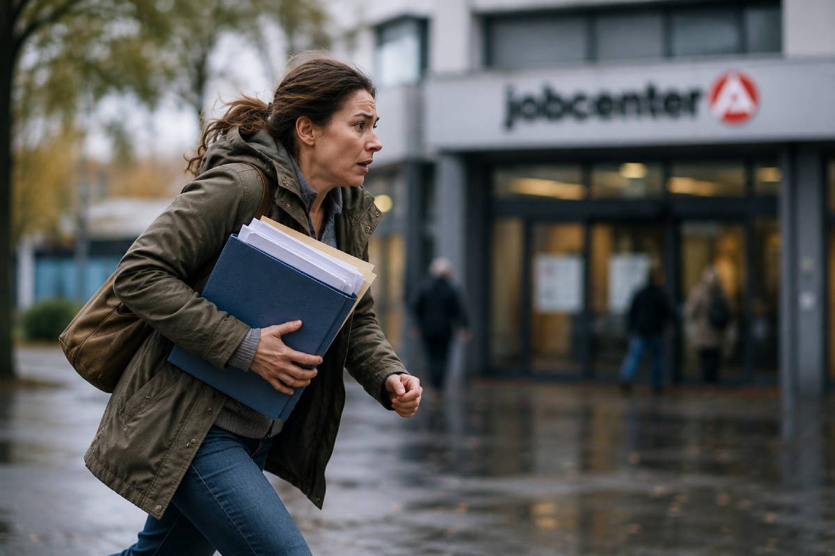 Frau mit Unterlagen unter dem Arm sichtlich hastig auf dem Weg zum Jobcenter.