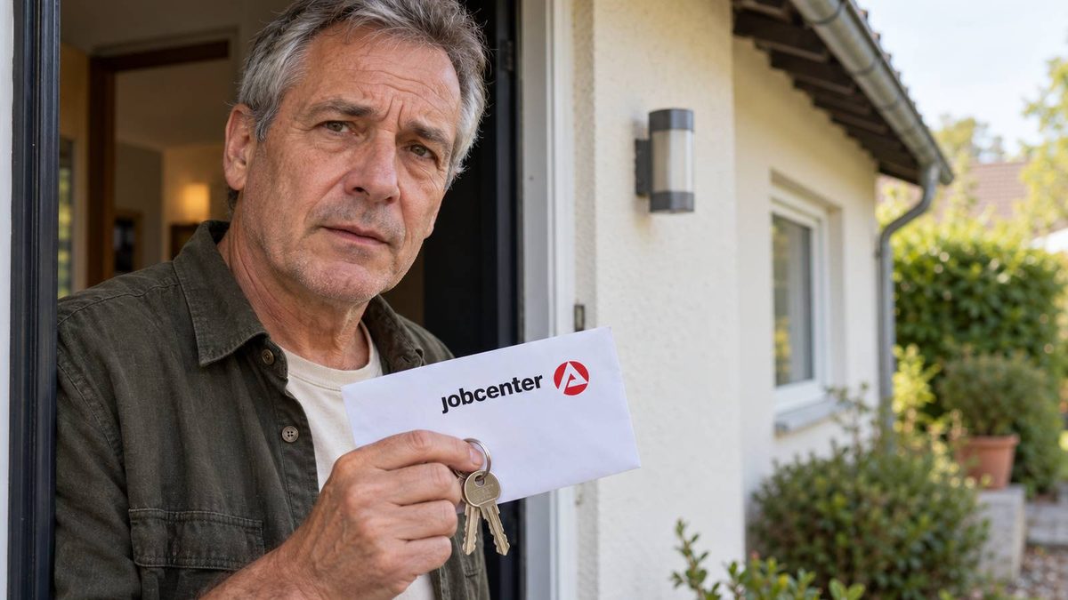 Mann vor einem Bungalow mit Hausschlüsseln und einem Jobcenter-Umschlag in der Hand.