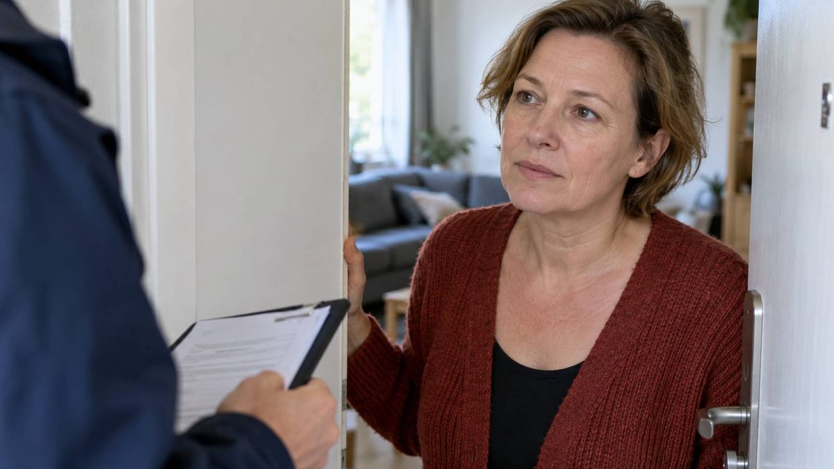 Frau an einer geöffneten Wohnungstür gegenüber einem Besucher mit Klemmbrett.