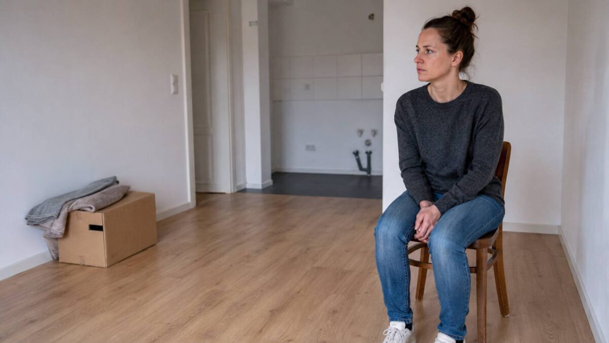 Frau sitzt allein auf einem einfachen Stuhl in ihrer nahezu leeren Wohnung ohne grundlegende Ausstattung.