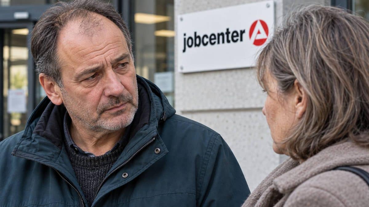 Nahaufnahme eines besorgt blickenden Mannes im Gespräch mit einer Frau vor einem Jobcenter.