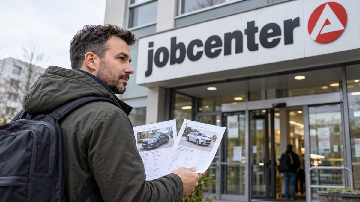 Mann mit ausgedruckten Fahrzeugangeboten vor dem Eingang eines Jobcenters.