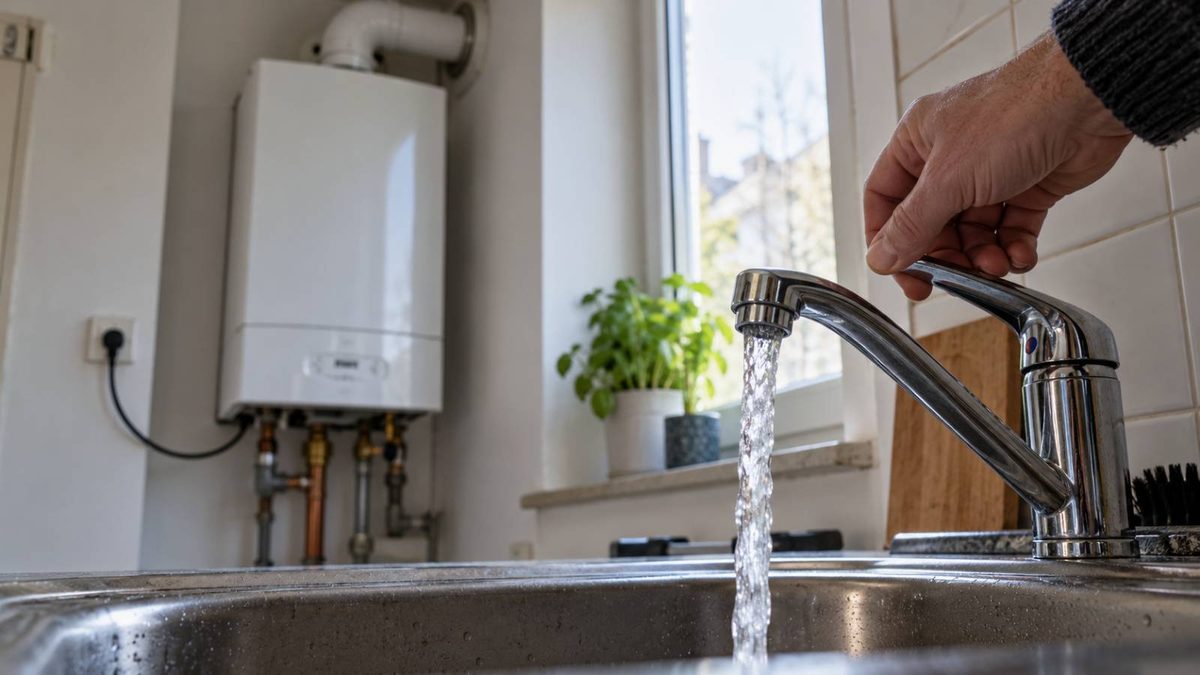 Eine Hand öffnet den Warmwasserhahn in einer Küche, während im Hintergrund eine Gastherme zu sehen ist.