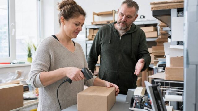 Frau scannt bei der Einarbeitung an einem Versandarbeitsplatz ein Paket, während ein Kollege den nächsten Arbeitsschritt erklärt.