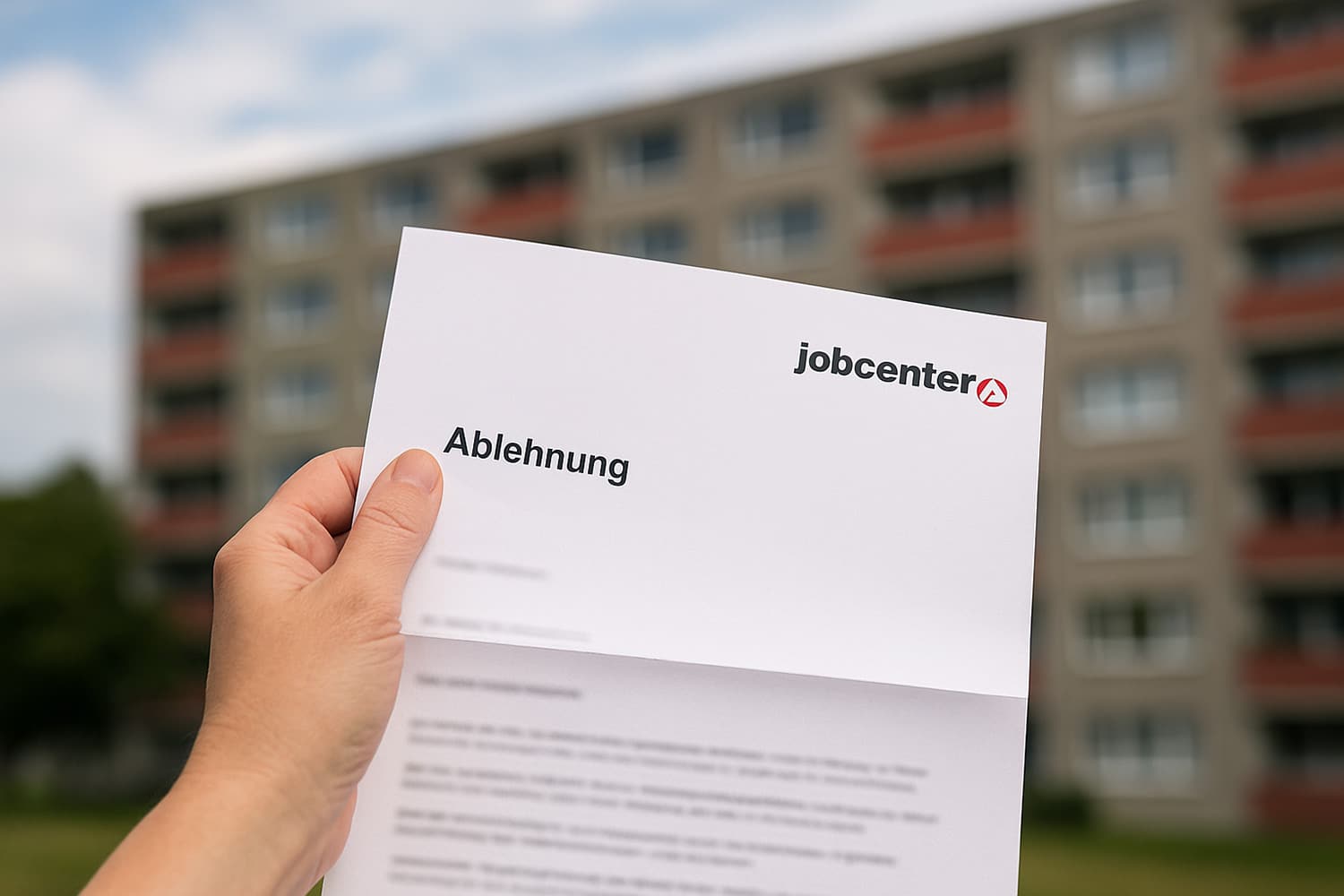 Hand hält Ablehnungsbescheid des Jobcenters vor unscharfer Häuserfassade