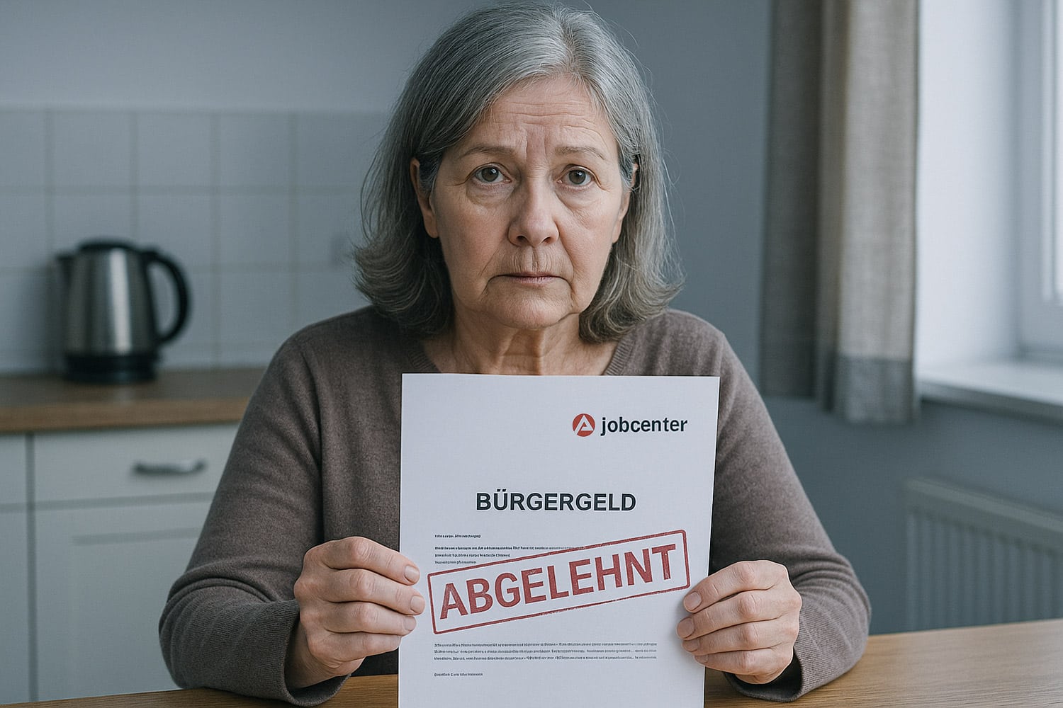 Ältere Frau mit ernstem Blick hält einen abgelehnten Bürgergeld-Bescheid des Jobcenters in die Kamera – Symbolbild für Behördenwillkür und Leistungsentzug.