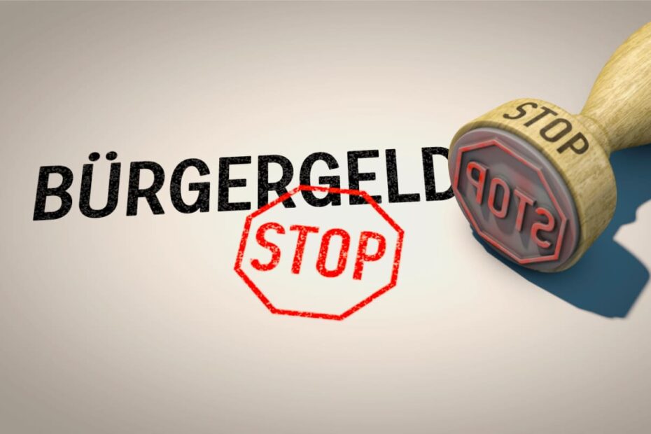 Bürgergeld Stop gestrichen Stempel rot Holz