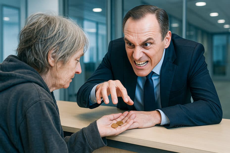 Symbolbild: Banker mit gierigen Blick greift nach dem Kleingeld der älteren Frau, die vor ihm steht