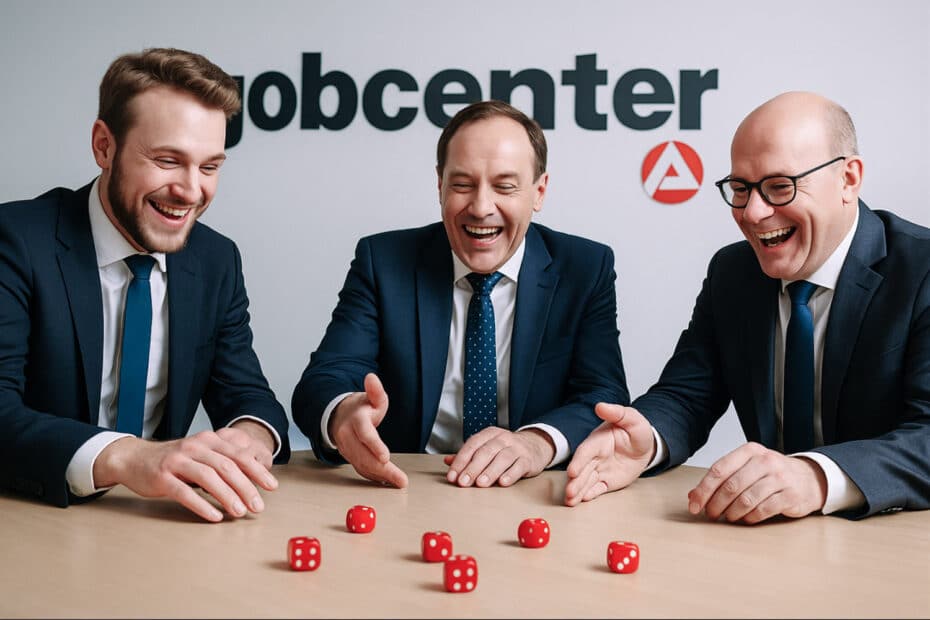 3 Männer in dunklen Anzügen lachend an einem runden Tisch in einem Jobcenter spielen mit roten Würfeln