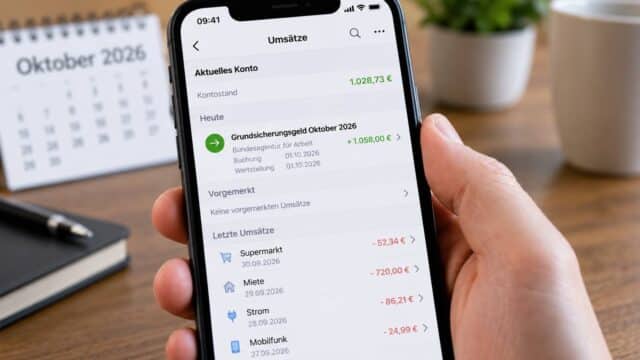 Hand hält Handy mit einem Online-Kontoauszug der Bank