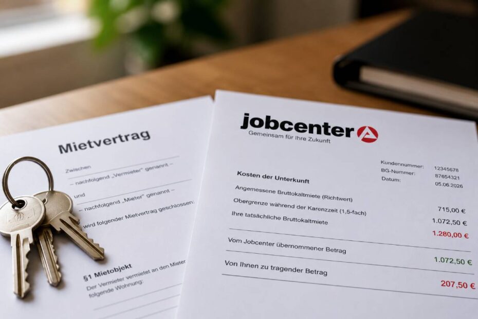 Mietvertrag und KdU-Abrechnung des Jobcenters liegen auf dem Tisch