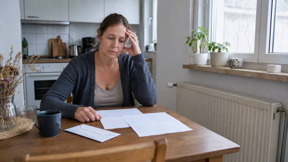 Besorgte Bürgergeld-Bezieherin sitzt vor mehreren Schreiben am Küchentisch, im Hintergrund ist der Heizkörper ihrer Wohnung zu sehen.