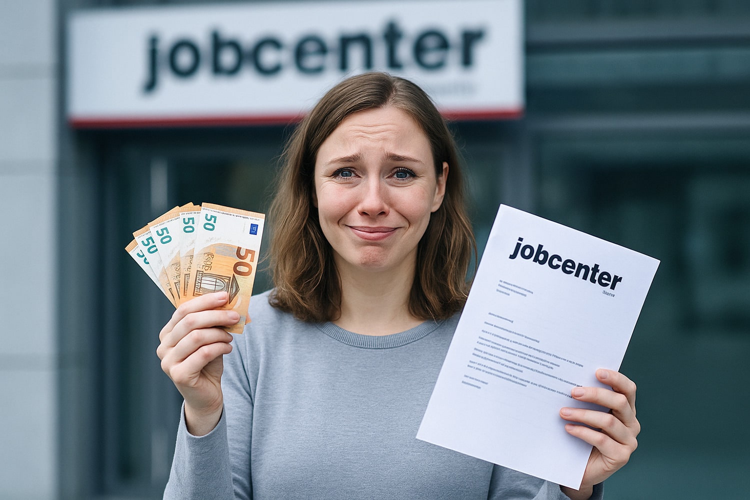 Frau weint und lacht zugleich - mit Bürgergeld-Bescheid und Geldscheinen in den Händen - vor einem Jobcenter stehend