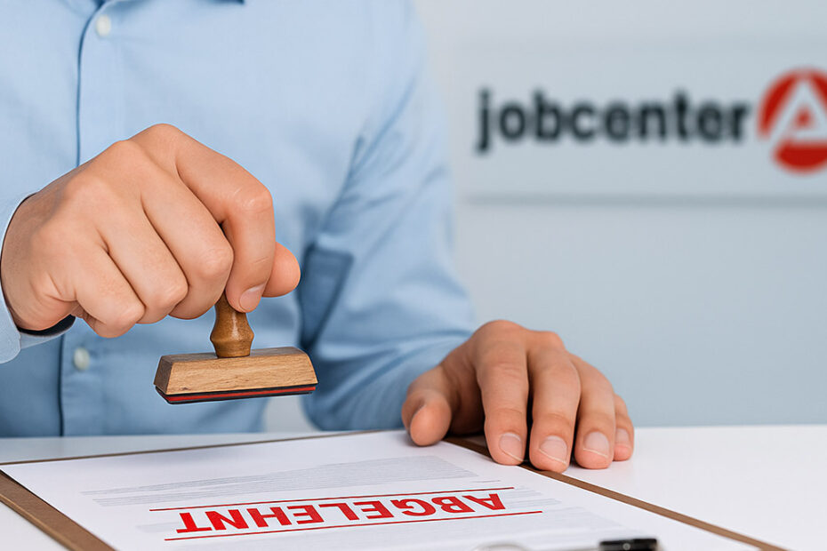 Ein Sachbearbeiter stempelt im Jobcenter ein Formular mit „ABGELEHNT“ – Symbolbild für abgelehnte Bürgergeld-Anträge.