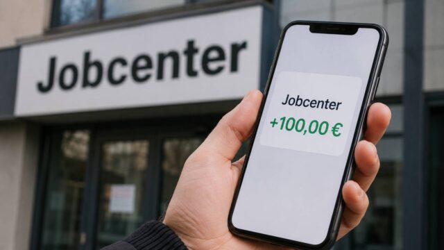 Hand hält Smartphone mit einer Jobcenter-Gutschrift über 100 Euro vor einem Jobcenter