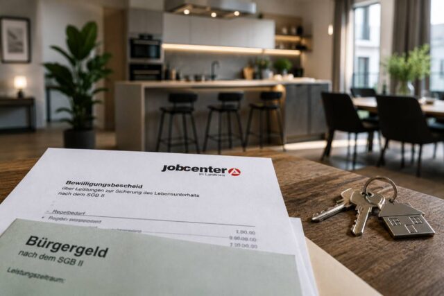 Ein Bewilligungsbescheid des Jobcenters für Bürgergeld-Leistungen und ein Schlüsselbund auf einem Tisch vor einer modernen Einbauküche.