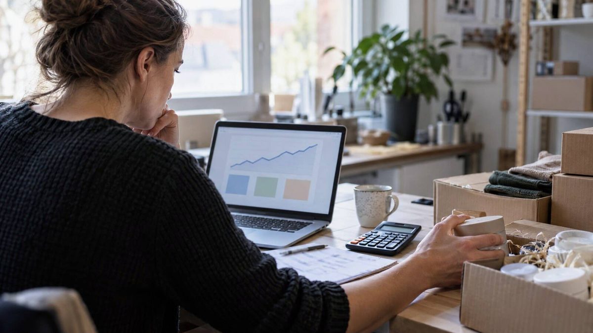 Selbstständige prüft Geschäftszahlen am Laptop und verpackt Waren in ihrer Werkstatt