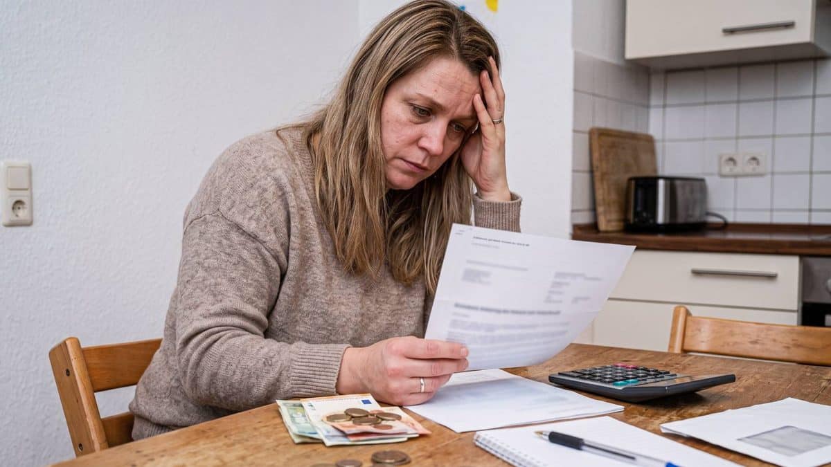 Besorgte Frau prüft einen Jobcenter-Bescheid zu den Mietkosten neben Taschenrechner und Bargeld.