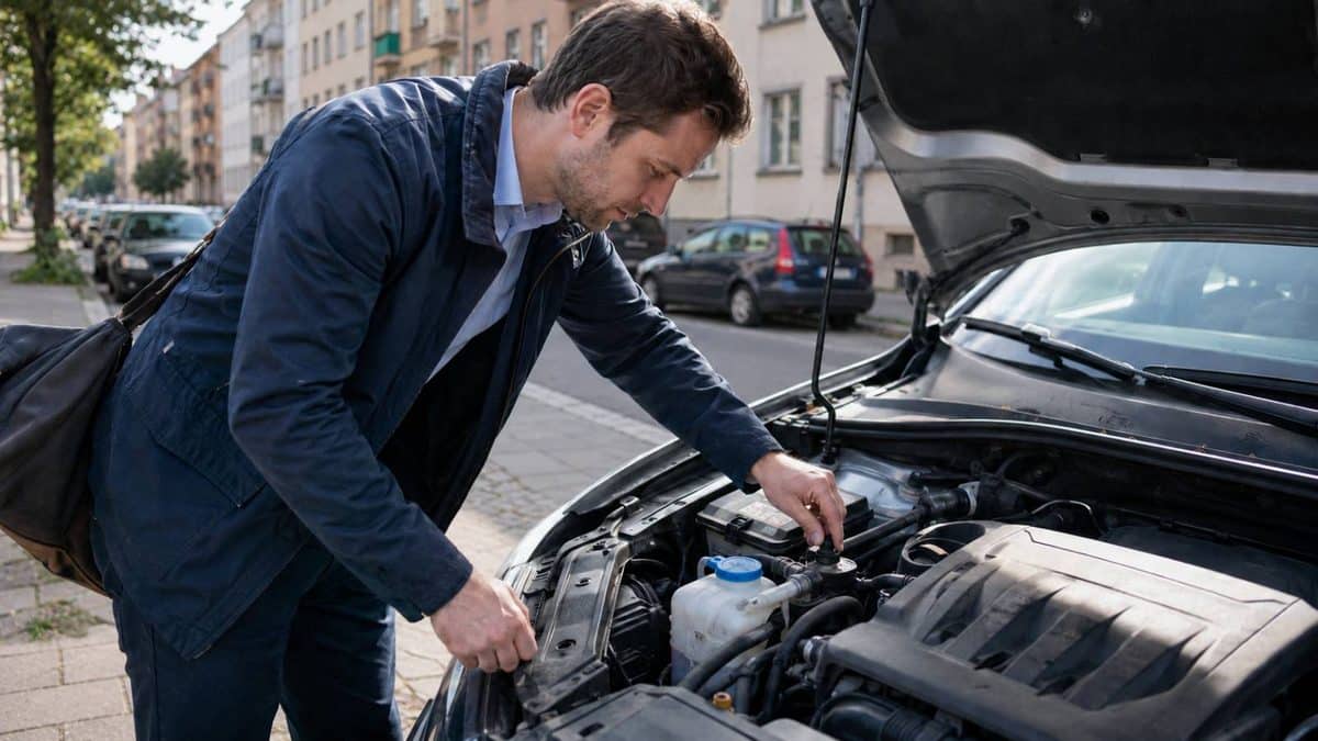 Berufstätiger prüft den Motor seines Autos in einer Straße mit Mehrfamilienhäusern