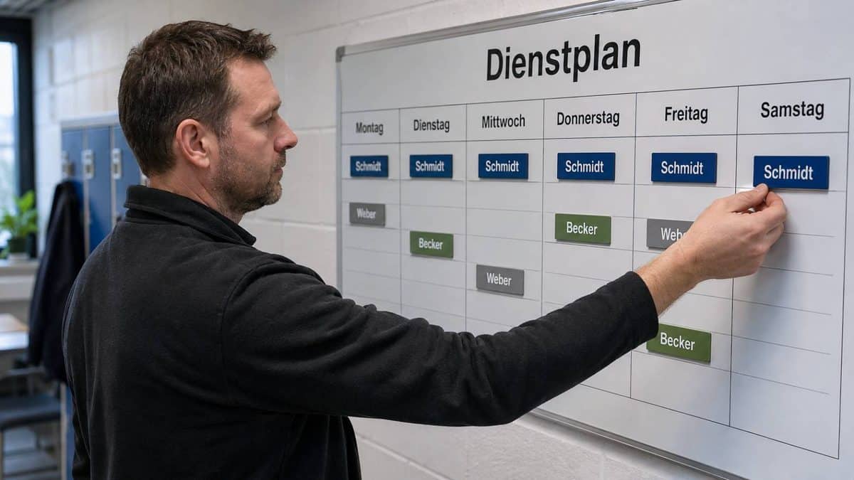 Dienstplan mit Wochentagen und einem Beschäftigten, der für mehrere Arbeitsschichten eingetragen ist
