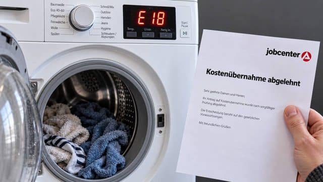 Geöffnete Waschmaschine mit Fehlercode E18 neben einem abgelehnten Jobcenter-Bescheid.