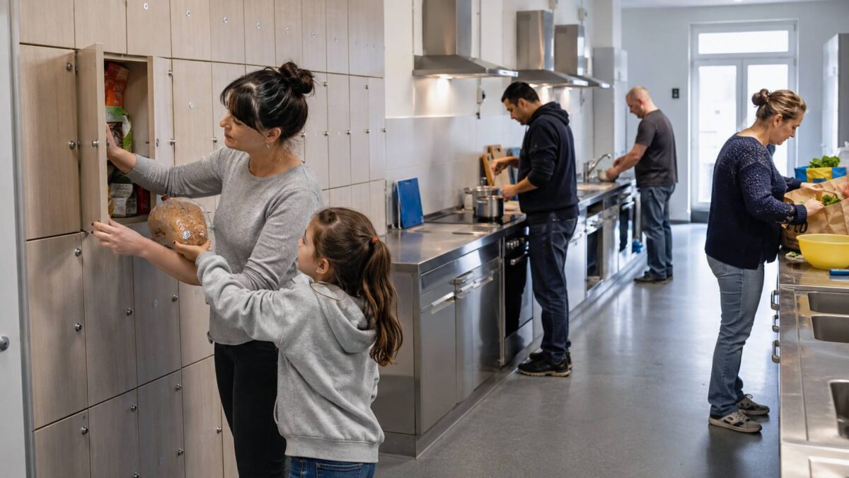 Mutter und Tochter am Lebensmittelfach in der Gemeinschaftsküche einer Sammelunterkunft