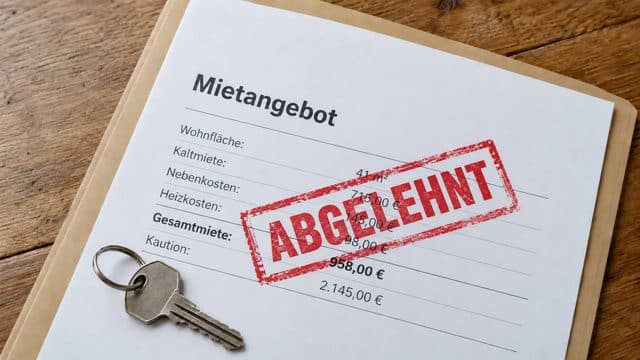 Wohnungsschlüssel auf einem Mietangebot mit rotem Ablehnungsstempel