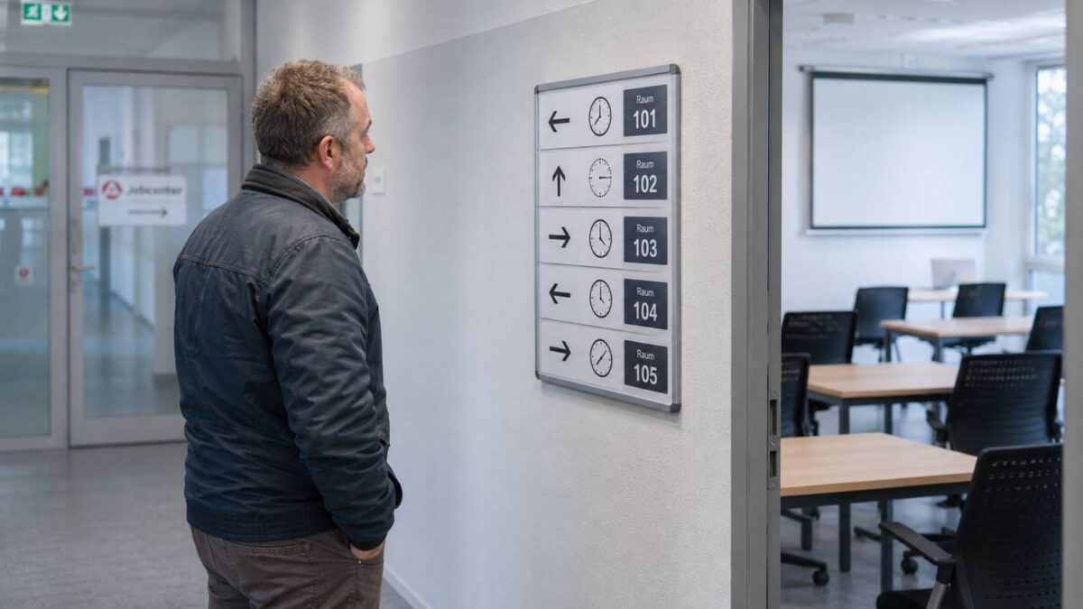 Mann prüft widersprüchliche Raum- und Zeitangaben bei einem Maßnahmeträger des Jobcenters.