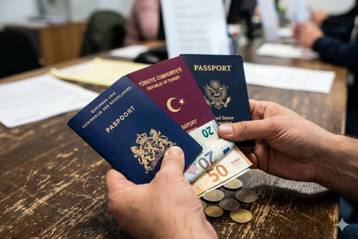 Nahaufnahme von Händen, die einen niederländischen Reisepass, einen türkischen Pass und Euro-Geldscheine über verstreuten Münzen auf einem Holztisch halten.