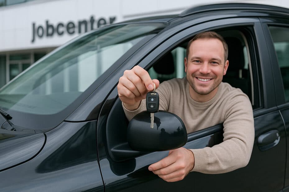 Junger Mann sitzt vor dem Jobcenter im Auto, hält stolz den Autoschlüssel hoch