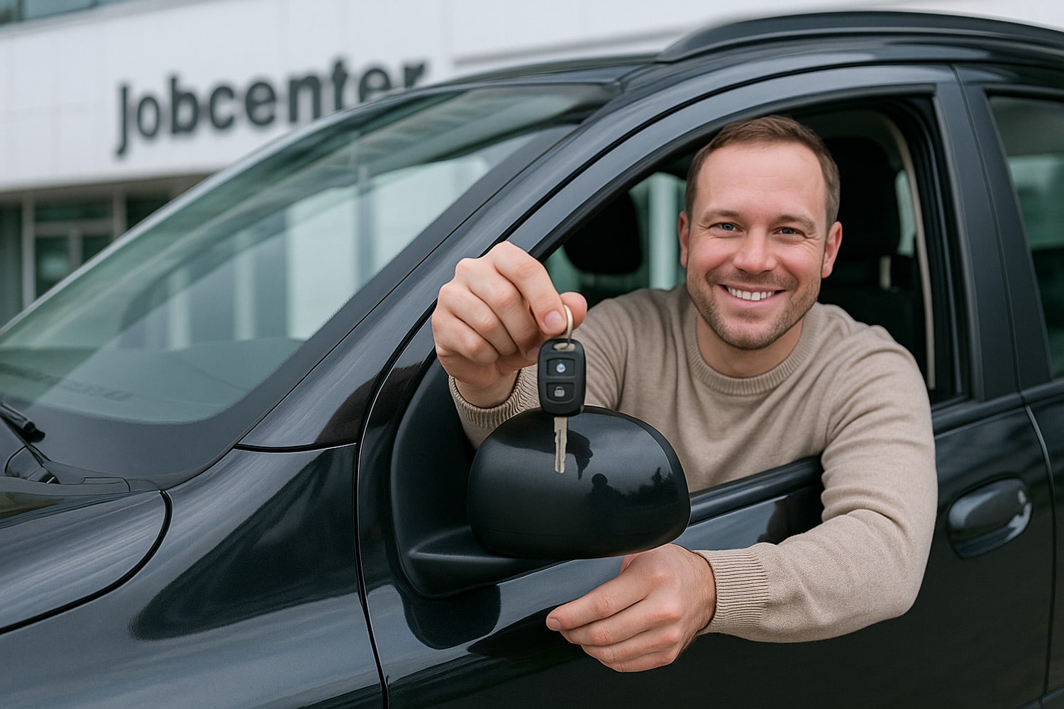 Junger Mann sitzt vor dem Jobcenter im Auto, hält stolz den Autoschlüssel hoch