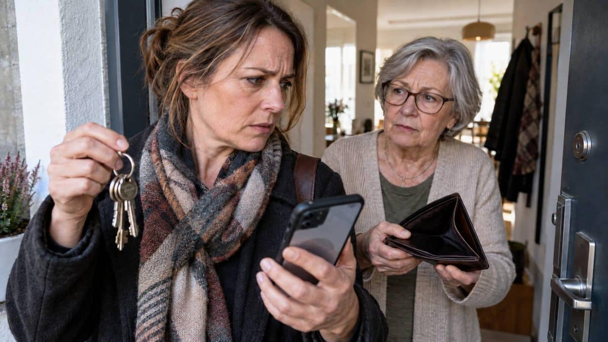 Tochter hält Wohnungsschlüssel und ein Handy, während ihre Mutter ein leeres Portemonnaie zeigt