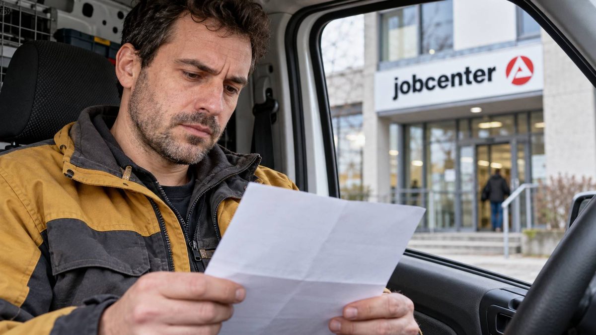 Mann in Arbeitskleidung liest einen Brief in einem geparkten Transporter vor einem Jobcenter.