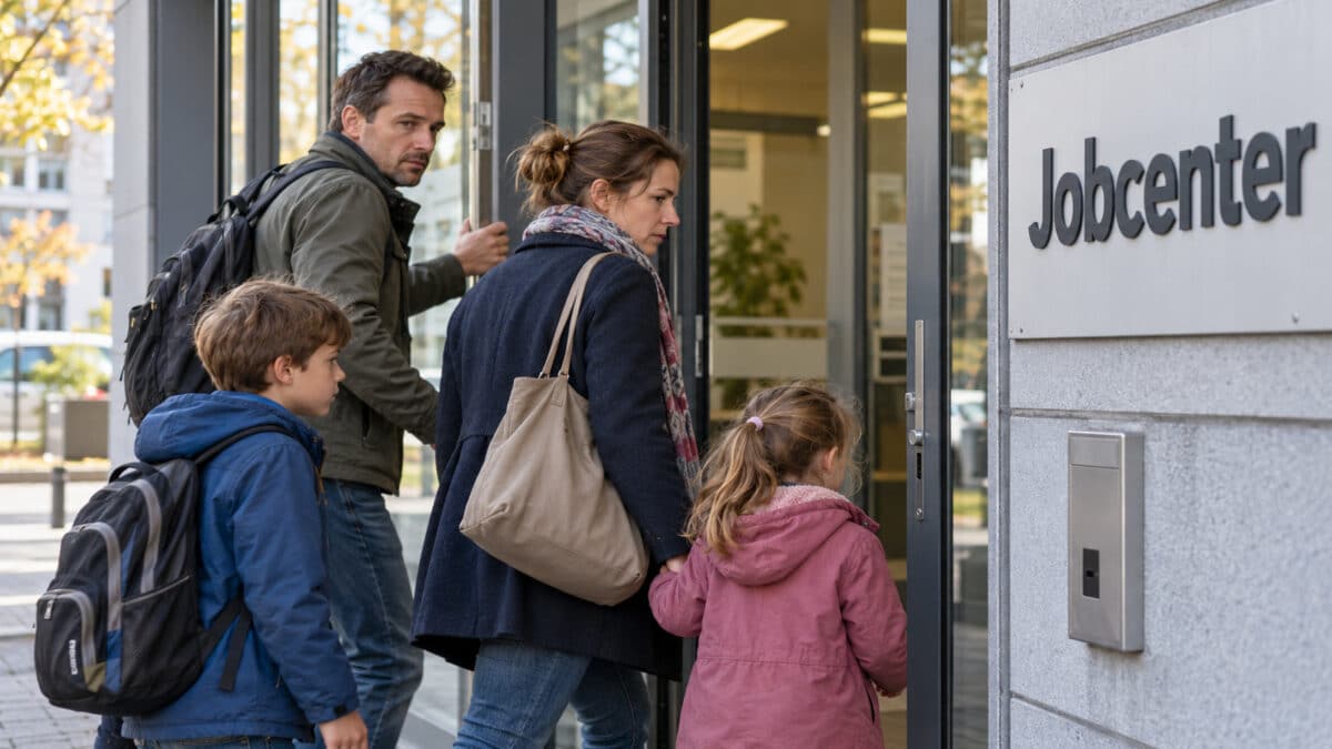Junge Eltern mit zwei Kindern betreten ein Jobcenter