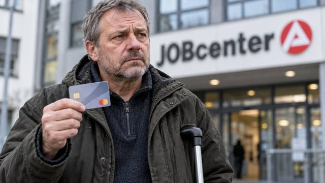 Mann mit Gehstock hält eine EC-Karte vor einem Jobcenter-Gebäude