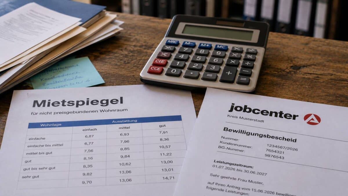 Jobcenter-Bewilligungsbescheid, Mietspiegel und Taschenrechner auf einem Schreibtisch zur Prüfung der Mietobergrenzen bei der Grundsicherung.