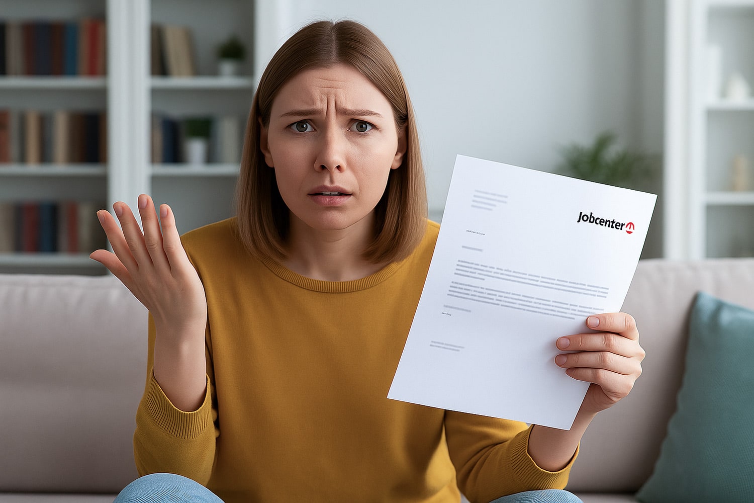 Junge Frau hält mit fragendem Blick ein Schreiben des Jobcenters in der Hand.