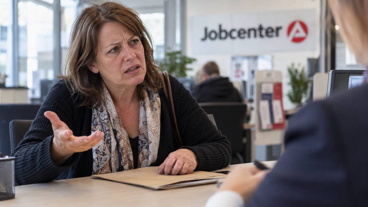 Unzufriedene Frau sitzt einem Jobcenter-Mitarbeiter gegenüber