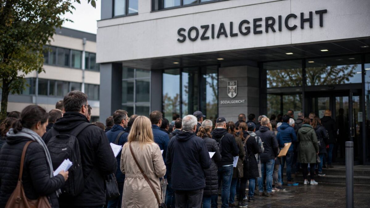 Menschen vor einem Sozialgericht mit Unterlagen in der Hand – Symbolbild für die hohe Zahl von Klagen gegen Jobcenter.