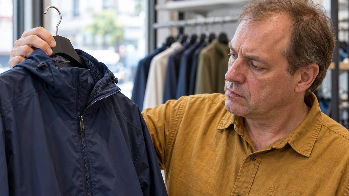 Mann betrachtet eine dunkelblaue Regenjacke auf einem Kleiderbügel im Geschäft.