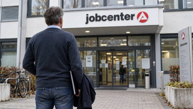 Mann mit Jacke und Unterlagen vor dem Eingang eines Jobcenters.