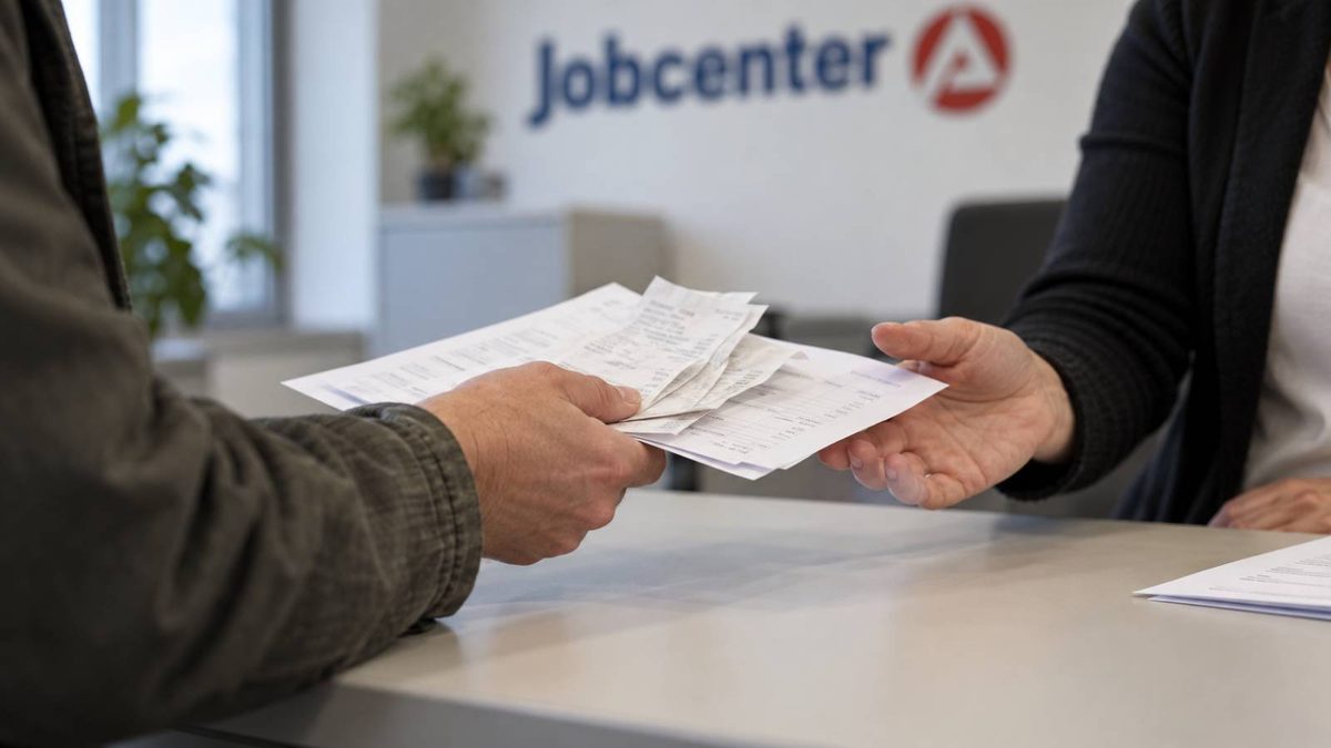 Ein Mann reicht einer Mitarbeiterin am Schalter eines Jobcenters Kassenbons und Unterlagen über den Tisch.