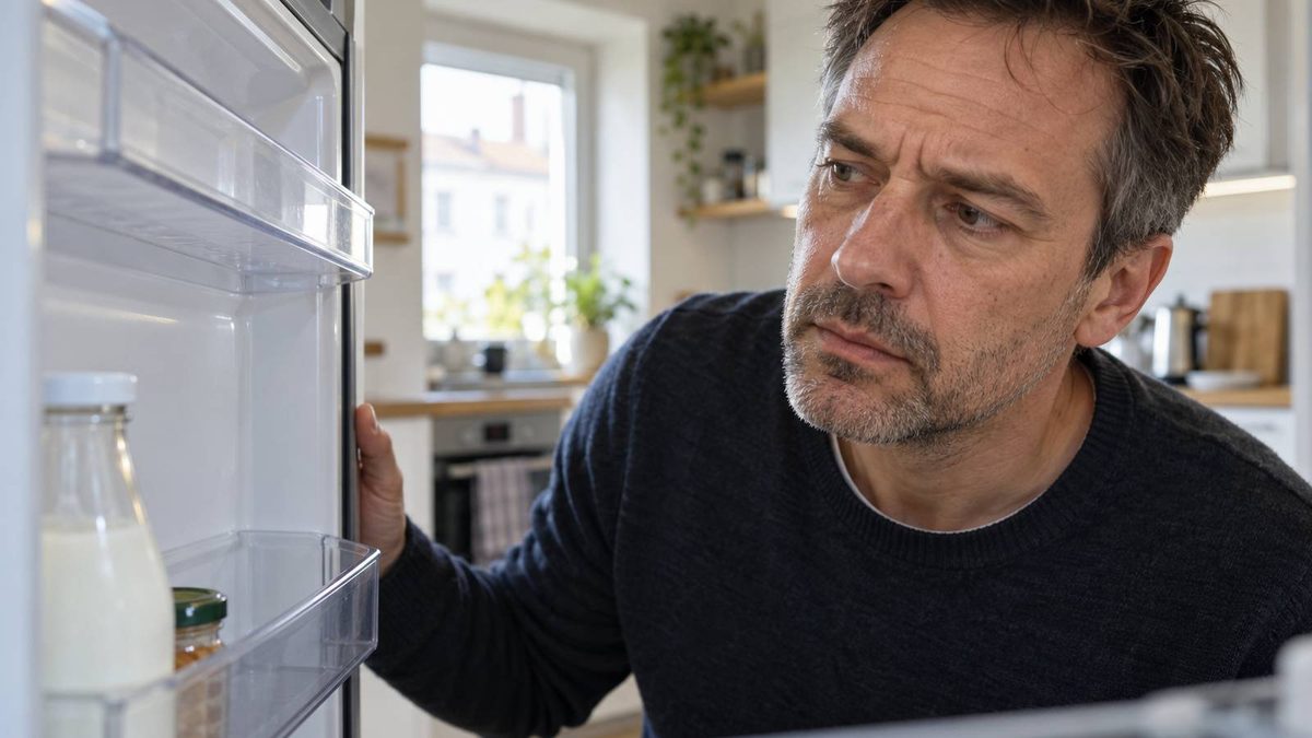 Ein Mann blickt prüfend in einen geöffneten Kühlschrank und hält dabei die Tür fest.