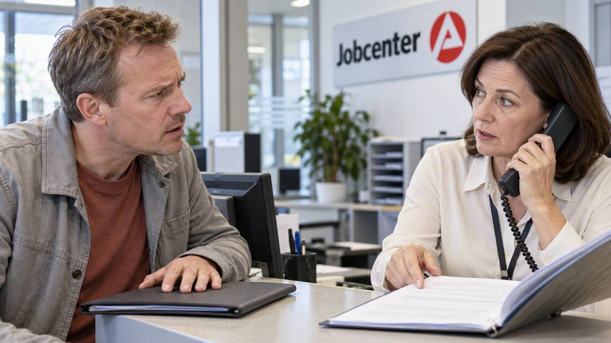 Skeptisch blickender Mann am Jobcenter-Schalter gegenüber einer telefonierenden Mitarbeiterin mit geöffneter Mappe.