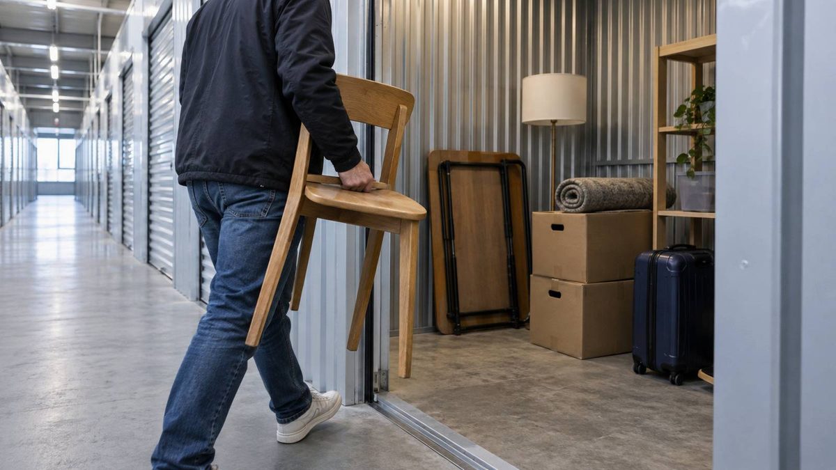 Mann trägt einen Holzstuhl in einen Lagerraum mit eingelagertem Hausrat