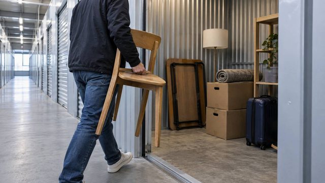 Mann trägt einen Holzstuhl in einen Lagerraum mit eingelagertem Hausrat